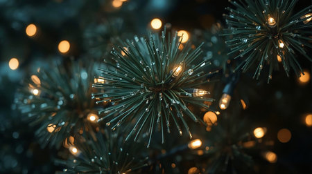 Closeup of Christmas tree decorations with bokeh lights in backgroundの素材