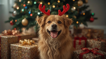 Golden retriever dog in deer antlers with christmas gifts on backgroundの素材