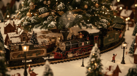 Toy train on the background of a Christmas tree in the snow.の素材