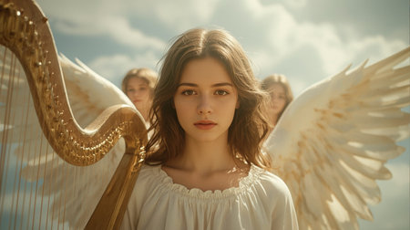 Beautiful young girl with angel wings and harp on sky backgroundの素材
