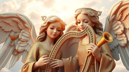 Two angels with harp and lyre. 3D illustration.の素材