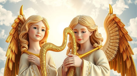 Two beautiful angels with golden wings on sky background. 3d renderingの素材