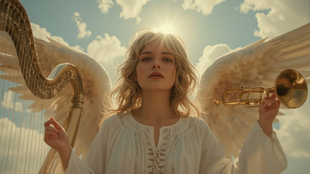 Beautiful angel in a white dress on the background of the sky.の素材