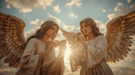 Angelic women with angel wings in the rays of the setting sunの素材