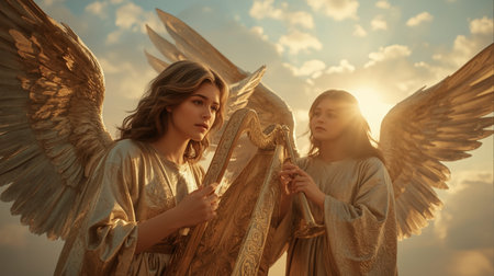 Angel and child with angel wings on sky background. Angel and child with angel wingsの素材