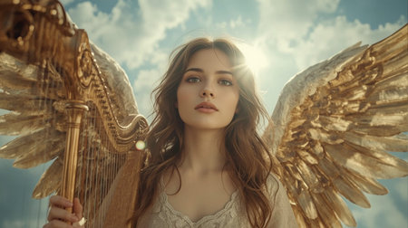 Beautiful young woman with angel wings and harp on sky backgroundの素材