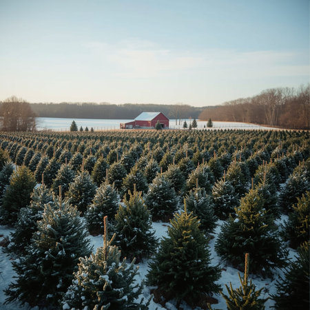 Fir trees in a row and a red barn in the background.の素材