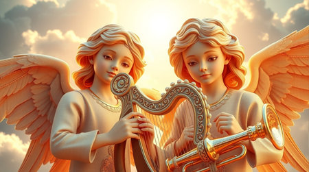 Angel with harp and trumpet. 3D illustration. Vintage style.の素材