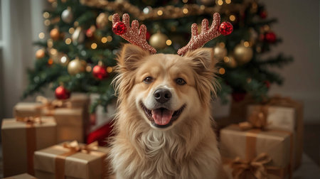 Cute dog with reindeer antlers on head at homeの素材