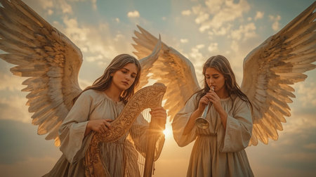 Two beautiful angels with angel wings in the rays of the setting sunの素材