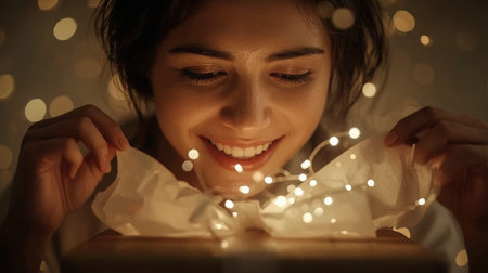 Happy young woman with Christmas lights and gift box on blurred backgroundの素材