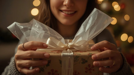 Close up of woman holding gift box in front of Christmas treeの素材