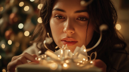 Beautiful young woman with Christmas lights and gift box at homeの素材