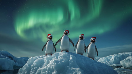 Penguins on the ice floe with aurora borealisの素材