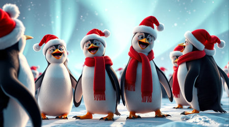 Group of penguins with Santa Claus hats. 3D rendering.の素材