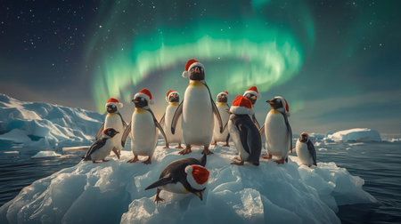 Aurora borealis and group of penguins on the iceの素材