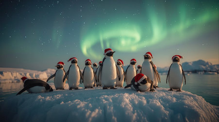 Penguins and polar lights in the arctic landscape at nightの素材