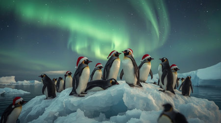 Aurora borealis over group of penguins on ice floeの素材