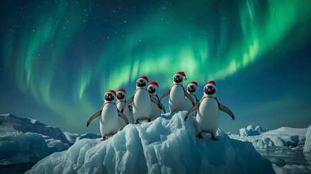 Penguins on iceberg with aurora borealis in the skyの素材