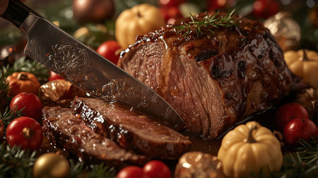 roast beef with vegetables and christmas decoration, closeup viewの素材