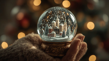 Snow globe in the hands of a man against the background of the Christmas treeの素材