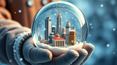 Human hands holding snow globe with famous landmarks in it. 3D renderingの素材