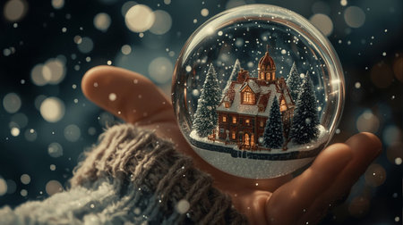 Snow globe with house in the hands of a man on a dark background.の素材