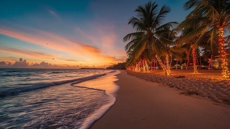 Tropical beach at sunset with palm trees and colorful lights.の素材
