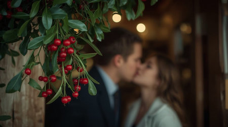 Couple in love kissing on a background of a beautiful Christmas tree.の素材