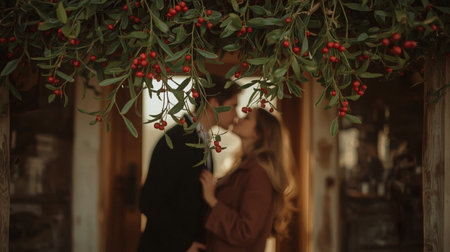Beautiful young couple in love kissing on a background of a cafeの素材