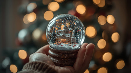 Christmas snow globe in hand with christmas tree and bokeh backgroundの素材