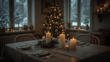 Christmas dinner table with candles in a rustic style decorated with Christmas treeの素材