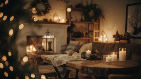 Interior of cozy living room with fireplace, Christmas tree and christmas decorationsの素材