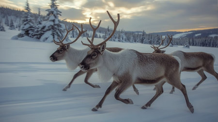 Reindeers running in the snow in Lapland, Finlandの素材