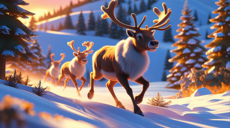 Reindeer running in the winter forest. 3d illustration.の素材