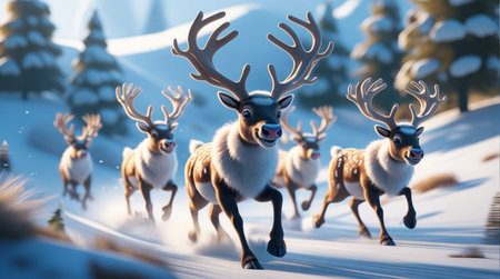 3D rendering of a group of reindeers in the snowの素材