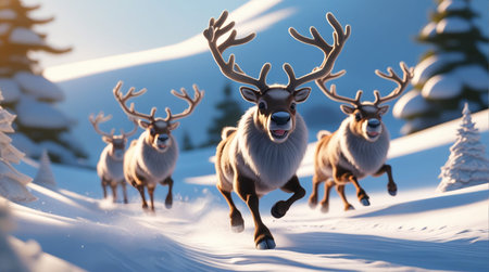 3d render of reindeer running on snow in winter forestの素材