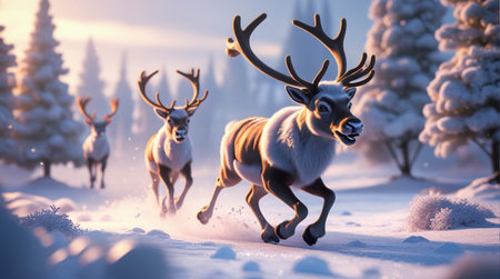 Reindeer in the winter forest. 3d render illustration.の素材