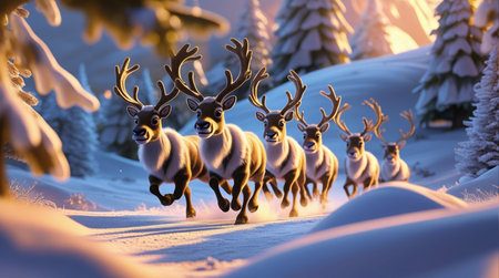 Reindeers in the winter forest at sunset. 3d renderingの素材