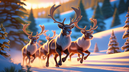 3d rendering of reindeers in the winter forest at sunsetの素材