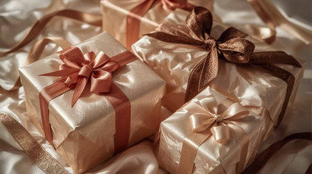 Gift boxes with ribbons on a white background. Toned.の素材
