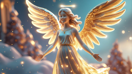 Angel with golden wings. 3D illustration. Christmas and New Year concept.の素材
