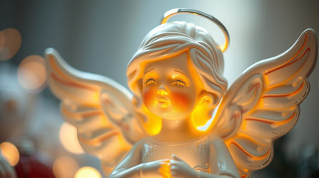 Angel figurine with Christmas lights in the background. Selective focus.の素材