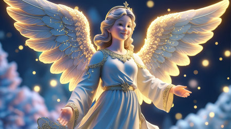 Angel with golden wings. 3d illustration. Christmas card design.の素材