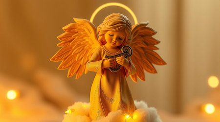 Christmas angel on a background of yellow garlands and lights. Christmas card.の素材