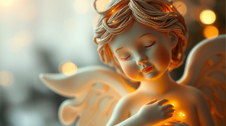 Angelic figurine with christmas lights in the background. 3d renderingの素材
