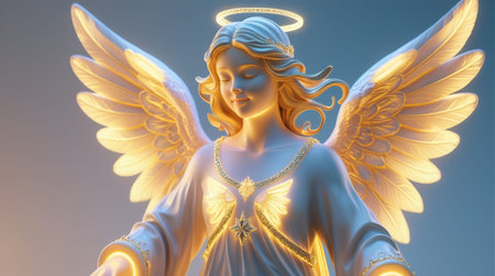 Angel with wings on a blue background. 3d rendering, 3d illustration.の素材