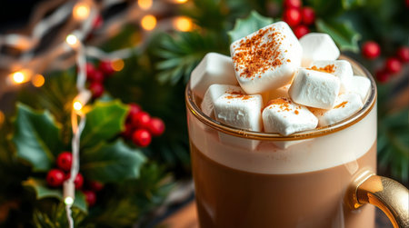Hot chocolate with marshmallows and Christmas lights on the background.の素材
