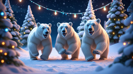 3D rendering of a group of white bears in the winter forest.の素材
