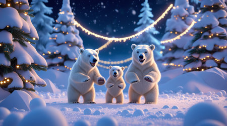 Polar bear family in snowy forest. 3D illustration. Christmas background.の素材